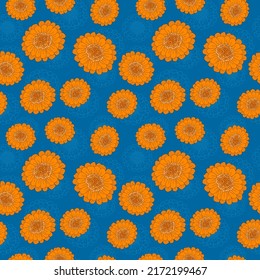 Blue and orange simple flower seamless pattern for summer floral textile or surface patterns and wallpaper or holiday cards background