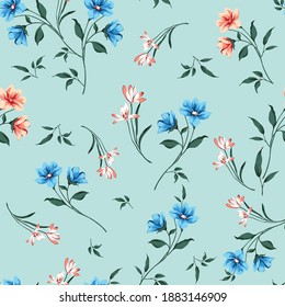 blue and orange small vector flowers with leaves bunches pattern on green background