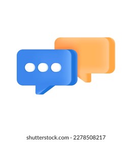 Blue and orange speech bubbles 3D illustration. Cartoon drawing of conversation or chatting symbol in 3D style on white background. Networking, commutation, partnership concept