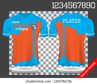 Blue and Orange sport wear protection equipment vector illustration.layout football sport t-shirt design. Template front, back view. Soccer kit national team shirt mock up and number for edit.
