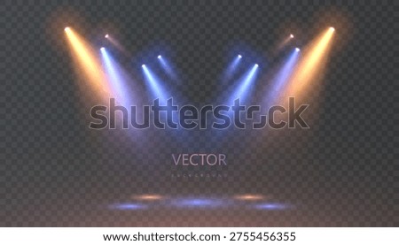 Blue and orange stage spotlights on a transparent background. Glowing concert beams with a soft haze, symmetrically positioned above with reflections on the illuminated floor. For background overlays.