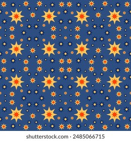 Un patrón de estrellas azul y naranja con muchas estrellas Pequeñas. El patrón es muy colorido y brillante. Desprende un sentimiento alegre y feliz
