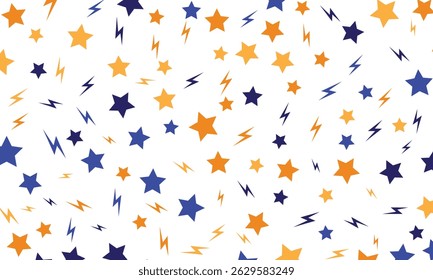 Blue and orange stars and lightning bolts playfully isolated on white background seamless pattern. Great for textiles, wallpaper.
