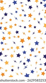 Blue and orange stars and lightning bolts playfully isolated on white background seamless pattern. Great for textiles, wallpaper.