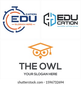 Blue orange stopwatch letter EG and owl head wear graduation cap logo line art vector suitable for education student school private