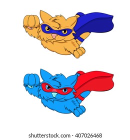 Blue and orange super cats in cartoon comics style.