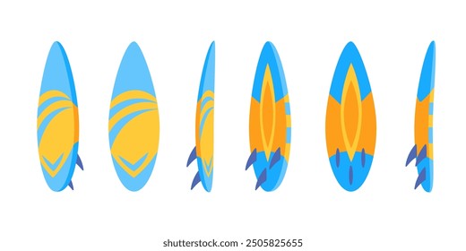 Blue and orange surfboard rotating, showing all sides of the board, isolated on white background