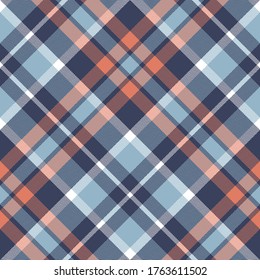 Blue and orange tartan check plaid pattern vector. Herringbone seamless plaid for blanket, duvet cover, throw, carpet, rug, tablecloth, or other autumn winter fabric design.