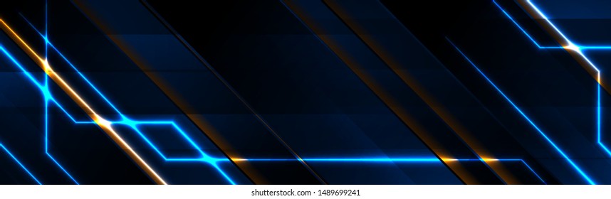 Blue and orange technology banner with glowing neon lines. Vector futuristic background