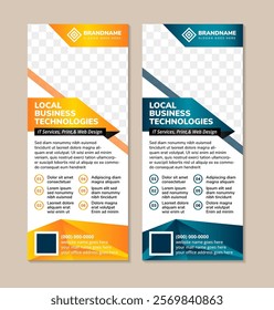 Blue and orange technology roll up business banner design vertical template vector, cover presentation abstract geometric background, modern publication display layout in rectangle size