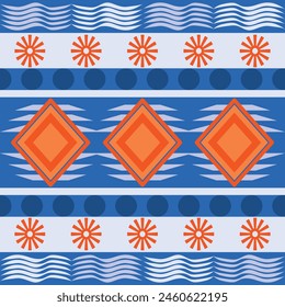 Blue and orange Textile fabric pattern geometric seamless. 
Simple graphic design