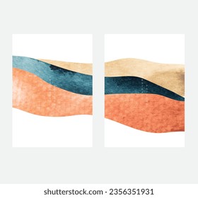 Blue and orange texture background with Japanese wave pattern in vintage style. Abstract landscape banner design with watercolor texture vector.
