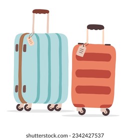 blue and orange traveling suitcases with wheels. summer vacation