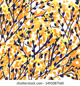 Blue and orange tree branch silhouette seamless pattern. Repiatable rapport for background, wrap, fabric, textile, wrap, surface, web and print design. Vector illustration tile.