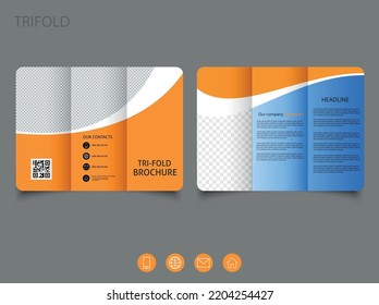Blue orange trifold business brochure. Vector design. Brochure with rounded corners.