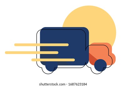 Blue and orange truck outlined icon on yellow circle background with yellow speed lines