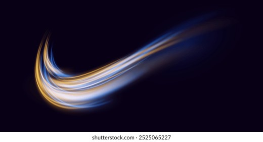 Blauer und orangefarbener Zwirn.  Lichteffekt der blauen, goldenen Linie. Windlichteffekt png.Vektorgrafik.Auf dunklem Hintergrund.