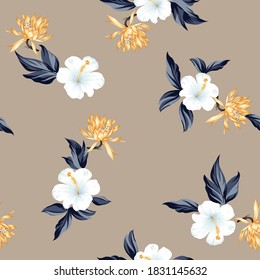 blue and orange vector flowers navy leaves bunches pattern on grey background