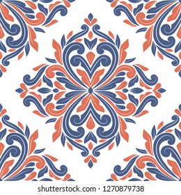 Blue and orange vintage vector seamless pattern, wallpaper. Elegant classic texture. Luxury ornament. Royal, Victorian, Baroque elements. Great for fabric and textile, wallpaper, or any desired idea.