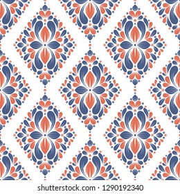 Blue and orange vintage vector seamless pattern, wallpaper. Elegant classic texture. Luxury ornament. Royal, Victorian, Baroque elements. Great for fabric and textile, wallpaper, or any desired idea.