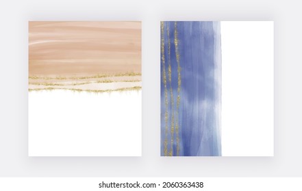 Blue with orange watercolor wall art prints with golden glitter lines