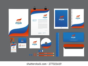 blue and orange with wave corporate identity template  for your business includes CD Cover, Business Card, folder, ruler, Envelope and Letter Head Designs