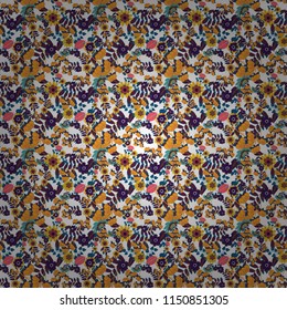Blue, orange and white colors vector seamless pattern with many flowers.
