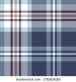 Blue, orange, white herringbone plaid pattern vector. Tartan seamless textured check plaid for flannel shirt, blanket, duvet cover, throw, or other modern textile print.