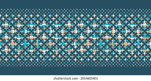 Polka azul, naranja y blanco Punto sin fisuras de patrón vectorial Borde con círculos y semicírculos. Colorido Truchet creativo de fondo para web, interiores, moda y fondos de pantalla. 