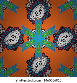 Blue, orange and white round texture in Vector illustration. Floral ornament seamless pattern.