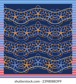 Blue Orange wire star flowers are playing waves. border seamless vector collection.