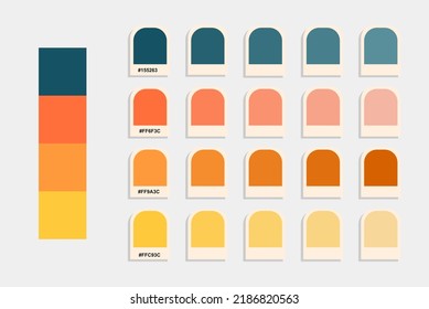 Vector de paleta de color amarillo anaranjado azul, catálogo de colores de puesta de sol, idea de diseño y edición, coincidencia de colores, colores de pantone rgb, muestra de paleta de colores armoniosos, activo diseñado por eps