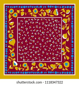 Blue, orange, yellow ornate pattern on burgundy background. Ready for print.