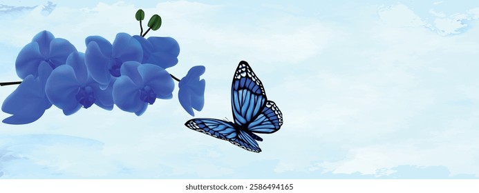 blue orchid and blue butterfly on a blue background watercolor