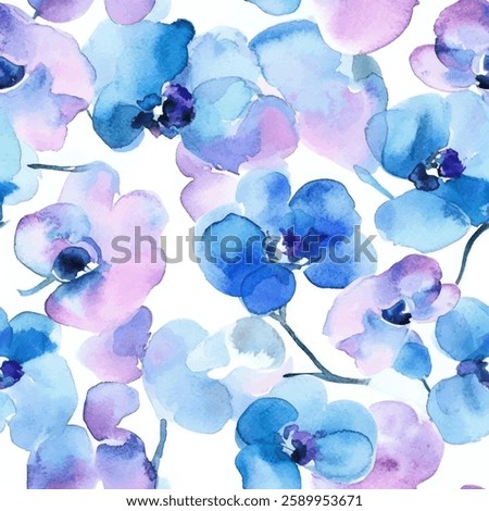 Blue orchid flowers pattern on a white background, watercolor seamless pattern , flower seamless pattern , doodle summer,  kids and baby designs for use as fabric or paper.