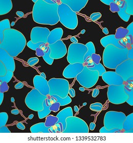 Blue orchid pattern with gold colored stroke. Vector Japanese flowers background. 