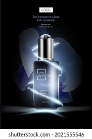 blue orchid and Skin care cosmetic ads, droplet and 3d bottle in blue sea with burst light in 3d illustration, purple roses