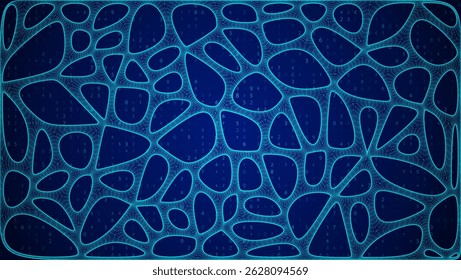 Blaues organisches Zellmuster mit neuronaler Textur. Abstraktes Voronoi-Netzwerk. AI BG mit Neuron- und Synapsengeometrie. Netzgitter und Netz. Techno Hintergrund mit dynamischen Linien und Kurve. Biologische Struktur