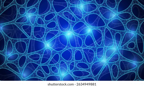 Patrón Celular Orgánico Azul Con Textura Neuronal. Red Abstractas Voronoi. Ai Bg Con Geometría De Neurona Y Sinapsis. Cyber Grid Y Mesh. Fondo Techno Con Líneas Dinámicas Y Curvas. Estructura de Biología