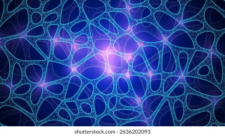 Blue Organic Cell Pattern With Neural Texture. Abstract Voronoi Network. Ai Bg With Neuron And Synapse Geometry. Cyber Grid And Mesh. Techno Background With Dynamic Lines And Curve. Biology Structure