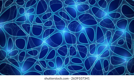 Blue Organic Cell Pattern With Neural Texture. Abstract Voronoi Network. Ai Bg With Neuron And Synapse Geometry. Cyber Grid And Mesh. Techno Background With Dynamic Lines And Curve. Biology Structure