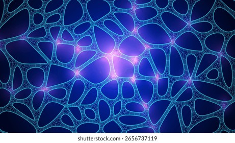 Patrón Celular Orgánico Azul Con Textura Neuronal. Red Abstractas Voronoi. Ai Bg Con Geometría De Neurona Y Sinapsis. Cyber Grid Y Mesh. Fondo Techno Con Líneas Dinámicas Y Curvas. Estructura de Biología