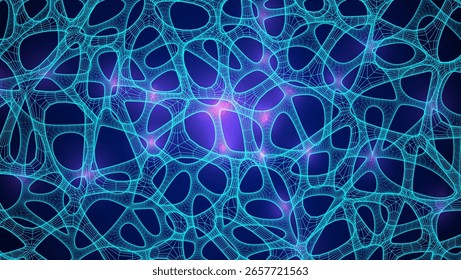 Blue Organic Cell Pattern With Neural Texture. Abstract Voronoi Network. Ai Bg With Neuron And Synapse Geometry. Cyber Grid And Mesh. Techno Background With Dynamic Lines And Curve. Biology Structure
