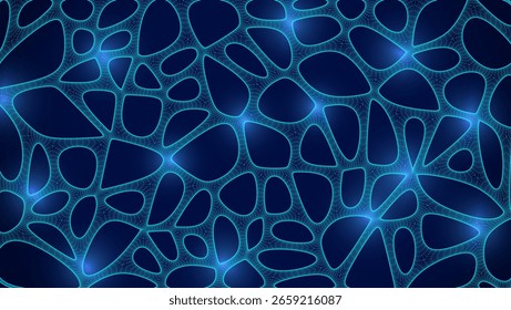 Blaues organisches Zellmuster mit neuronaler Textur. Abstraktes Voronoi-Netzwerk. AI BG mit Neuron- und Synapsengeometrie. Netzgitter und Netz. Techno Hintergrund mit dynamischen Linien und Kurve. Biologische Struktur