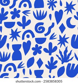 Blue Organic Shape Seamless Pattern. Abstract Quirky Background. Basic Vector Silhouette Wallpaper