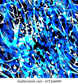 Blue organic texture from stripes and spots. Abstract vector background. Seamless pattern for fabric, wrapping, home decor. 
