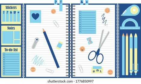The blue organizer includes a large stationery set. Lined notebook sheets. Additional stationery: paper clips, scissors, sharpener, eraser, bookmark. Composite vector illustration.