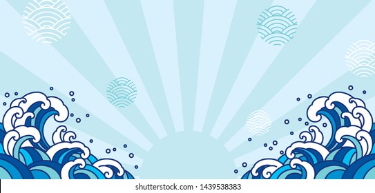 Blue orient wave illustration. Japan wave isolated on light blue shine and wave bubble. - Vector.