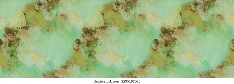Blue Oriental Background. Gold Art Paint. Marble Foil Alcohol Ink. Shiny Vector Ink Background. Green Marble Watercolor. Golden Water Color Marble. Geode Seamless Texture. Vector Seamless Template.