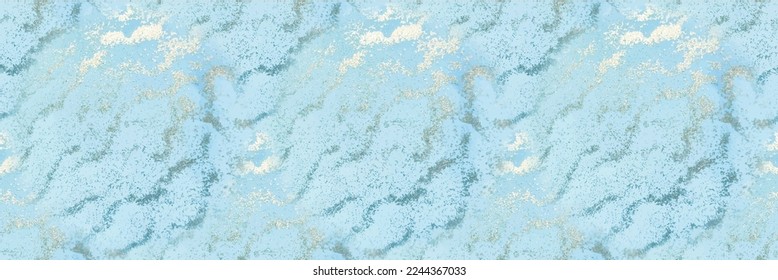 blauer, orientalischer Hintergrund. Moderne nahtlose Tintenvorlage. Goldenes Metallmuster. Gold Art Paint. Marmor gefärbt Wasserfarbe. Marmor in Aquarellfarben. Vektorfarben-Marmor. flüssiger nahtloser Hintergrund. Fohlensäure